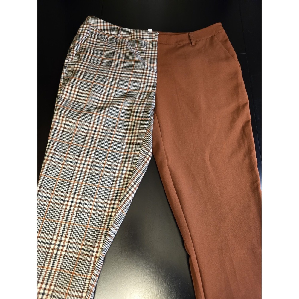 L'ATISTE by Amy Split Leg Trousers Size‎ L Plaid & Solid Brown Two Tone Pants